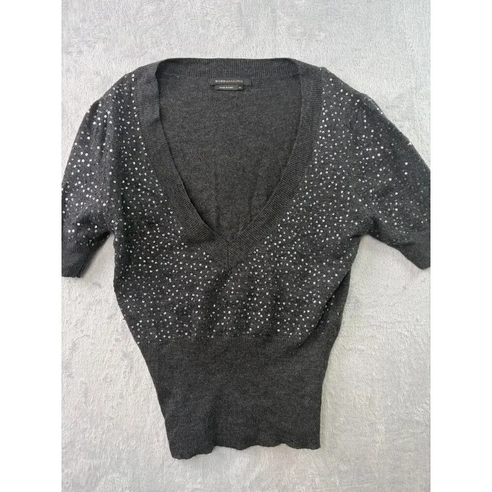 BCBGMAXAZRIA Sequin Short Sleeve Sweater – Charcoal Gray – Size M